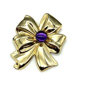 Vintage Classy Bow Brooch with Purple Cabochon, Polished Gold Tone Lapel Pin